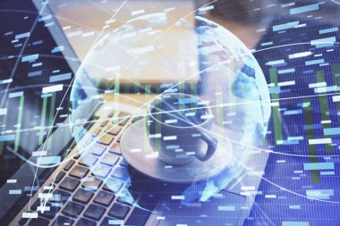 İş teması simgelerinin çoklu pozlandırılması ve bilgisayar geçmişi olan çalışma alanı. Başarı kavramı.