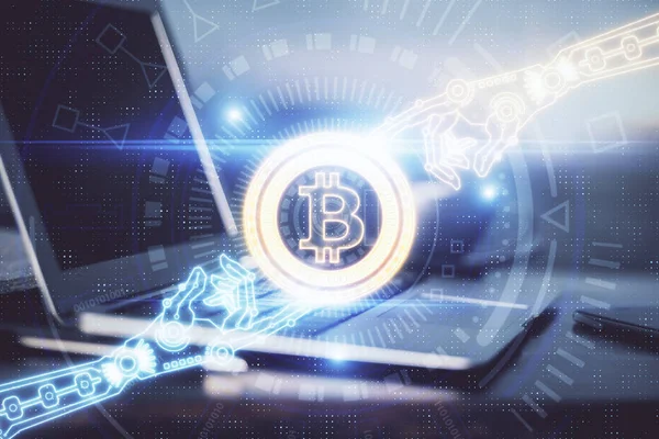 Double exposition de thème blockchain hologramme et table avec fond d'ordinateur. Concept de Bitcoin crypto-monnaie. — Photo
