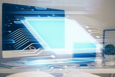 Teknoloji temalı çizim ve bilgisayarla çalışma alanı. Çoklu maruz kalma. Yenilik kavramı.