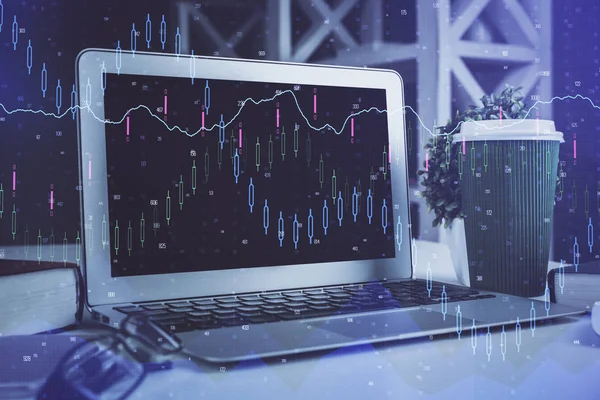 Finanzgrafik bunte Zeichnung und Tabelle mit Computer auf dem Hintergrund. Mehrfachbelichtung. Konzept der internationalen Märkte. — Stockfoto