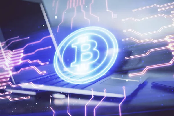 Dubbel exponering av blockchain tema hologram och tabell med datorbakgrund. Begreppet bitcoin crypto valuta. — Stockfoto