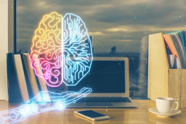 Multiexposure van werktafel met computer en hersenhologram. Brainstormconcept. — Stockfoto