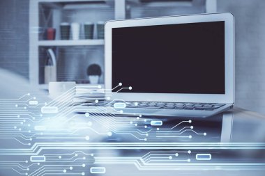 Teknoloji temalı çizim ve bilgisayarlı masa. Çoklu maruz kalma. Bilgi kavramı.