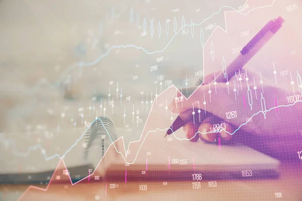 Forex graph on hand taking notes background. Concept of research. Multi exposure — Stock Photo, Image