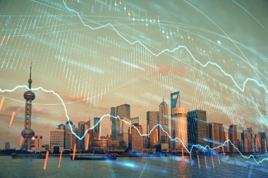 Gökdelenler arka planda çift pozlama ile şehir görünümünde eski grafik. Mali analiz kavramı.