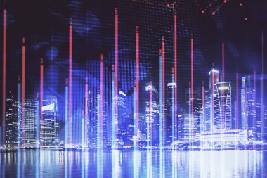 Yüksek binalar arka plan çok pozlama ile şehir scape mali grafik. Analiz kavramı.