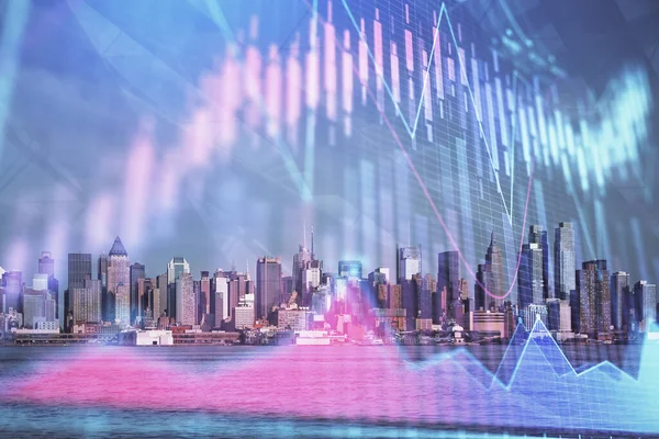 Devisendiagramm auf Stadtbild mit Wolkenkratzern Tapete Doppelbelichtung. Finanzielles Forschungskonzept. — Stockfoto