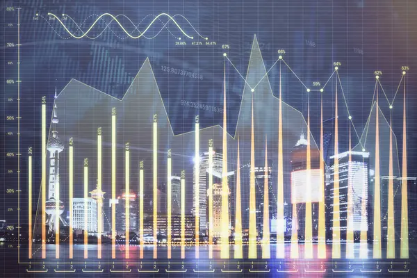 Financial graph on night city scape with tall buildings background double exposure. Analysis concept. — Stock Photo, Image