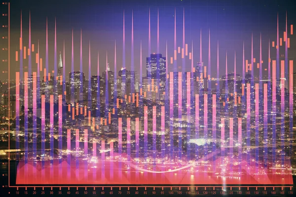 Gráfico financeiro sobre paisagem da cidade noturna com edifícios altos de fundo exposição dupla. Conceito de análise . — Fotografia de Stock