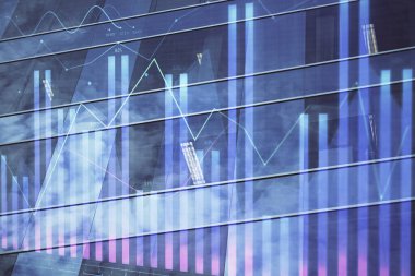 Yüksek binaların arka planında çoklu pozlama olan eski şehir haritası. Finansal araştırma kavramı.