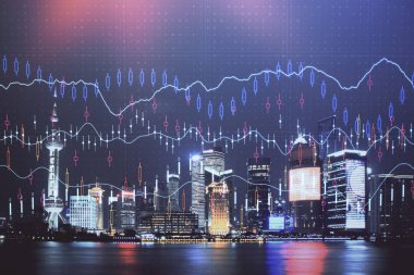 Yüksek binalar arka plan çift pozlama ile gece şehir scape mali grafik. Analiz kavramı.