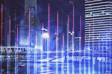 Yüksek binalar arka plan çok pozlama ile şehir scape mali grafik. Analiz kavramı.