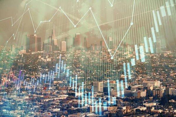 Forex diagram på stadsbilden med skyskrapor tapeter dubbel exponering. Finansiell forskning. — Stockfoto