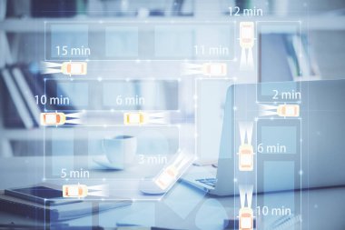Otomobil hologramı çizimi olan masaüstü bilgisayar arkaplanı. Çoklu maruz kalma. Teknoloji kavramı.