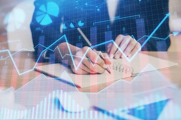 Forex graph on hand taking notes background. Concept of research. Multi exposure — Stock Photo, Image
