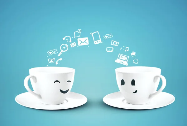 Δύο χαρούμενα φλιτζάνια καφέ έννοια των μέσων κοινωνικής δικτύωσης — Φωτογραφία Αρχείου