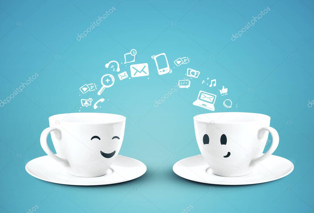 Two happy cups of coffe social media concept