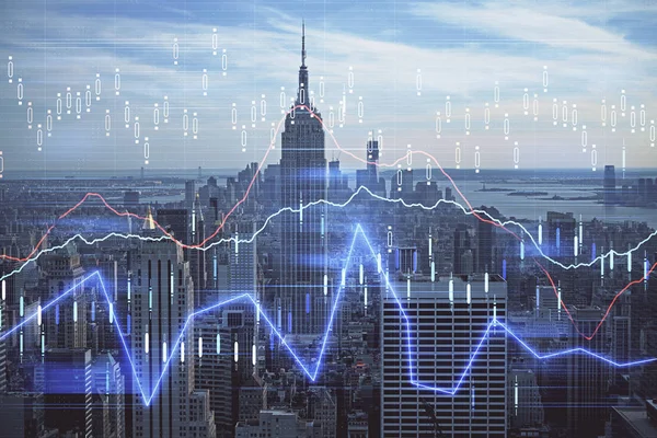 Gráfico Forex en vista de la ciudad con rascacielos fondo doble exposición. Concepto de análisis financiero . —  Fotos de Stock