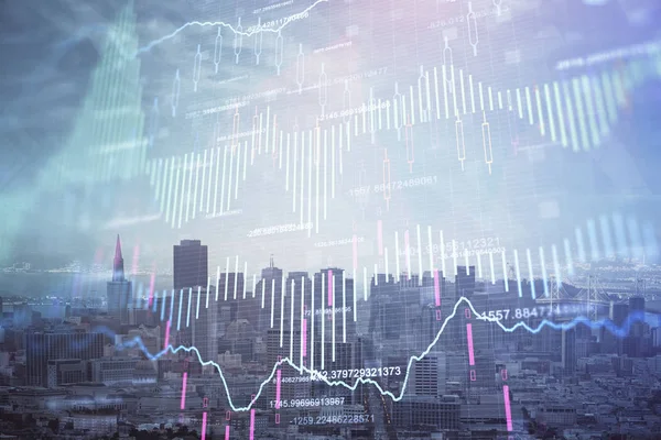 Forex grafiek over uitzicht op de stad met wolkenkrabbers achtergrond multi blootstelling. Begrip financiële analyse. — Stockfoto