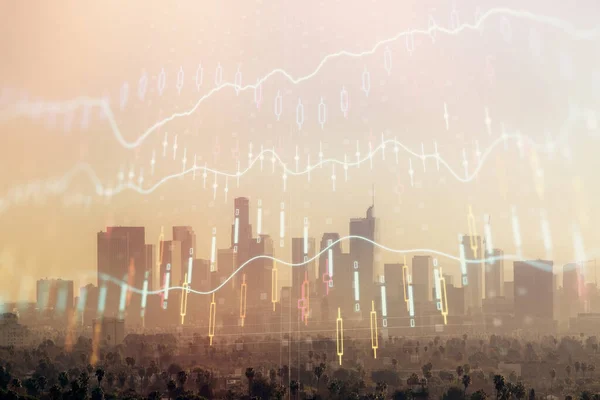 Forex diagram på stadsbilden med skyskrapor tapeter dubbel exponering. Finansiell forskning. — Stockfoto