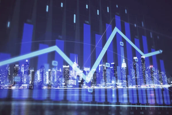 Financial graph on night city scape with tall buildings background multi exposure. Analysis concept.