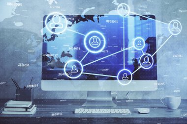 Sosyal ağ tema simgesi olan masaüstü bilgisayarı. Çoklu maruz kalma. Uluslararası bağlantılar kavramı.