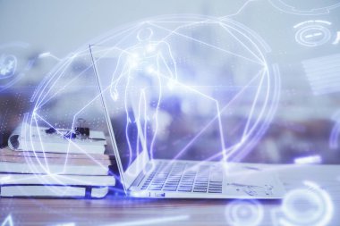 Masaüstü bilgisayar geçmişi ve eğitim teması çizimi. Çifte maruziyet. Konsept çalış.