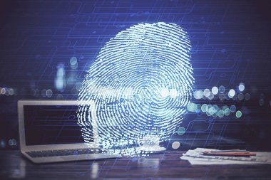 Ofisteki bilgisayarın parmak izi çizimi. Çifte maruziyet. İş veri güvenliği kavramı.