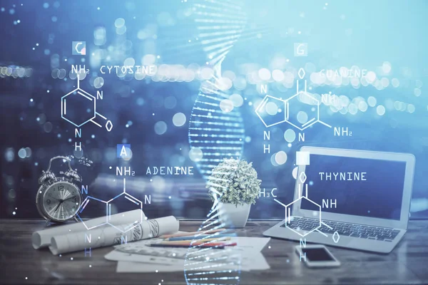 Desktop-Computer Hintergrund und DNA-Zeichnung. Doppelbelichtung. Wissenschaftskonzept. — Stockfoto