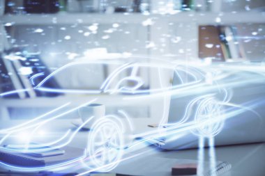 Otomobil hologramı çizimi olan masaüstü bilgisayar arkaplanı. Çoklu maruz kalma. Teknoloji kavramı.