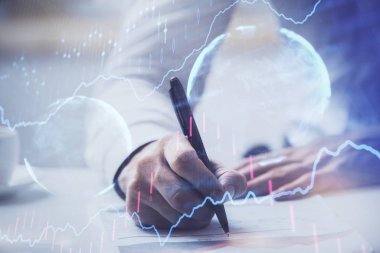 Finansal ticaret grafiği erkek masaüstü arkaplanı ile çoklu pozlama.