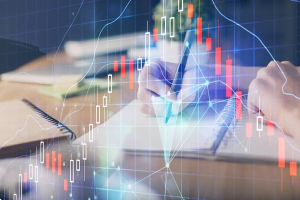 Gráfico de divisas financiera dibujado sobre las manos tomando notas fondo. Concepto de investigación. Exposición múltiple — Foto de Stock