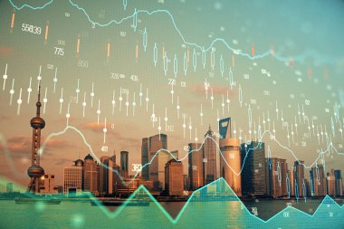 Gökdelenler arka planda çift pozlama ile şehir görünümünde eski grafik. Mali analiz kavramı.