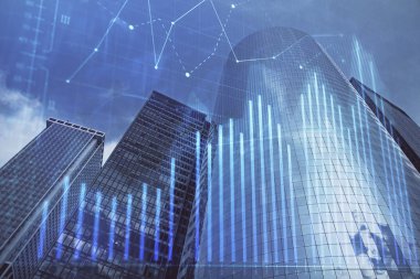 Gökdelenler, duvar kağıtları ve çoklu pozlama ile şehir manzarasının eski çizelgesi. Finansal araştırma kavramı.