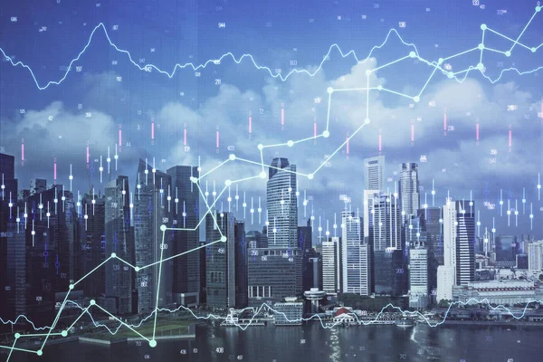 Grafico Forex su paesaggio urbano con grattacieli carta da parati multi esposizione. Concetto di ricerca finanziaria. — Foto Stock