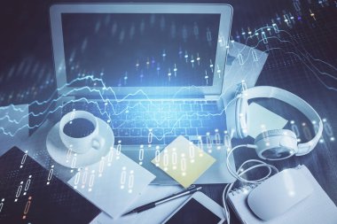 Eski pazar grafiği hologramı ve kişisel bilgisayar geçmişi. Çifte maruziyet. Yatırım kavramı.