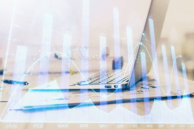 Bilgisayar geçmişi olan eski grafik hologramı. Çoklu maruz kalma. Finans piyasası kavramı.