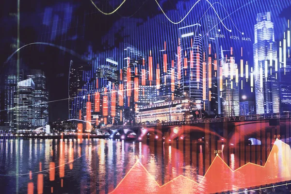 Financial chart on city scape with tall buildings background multi exposure. Analysis concept. — Stock Photo, Image