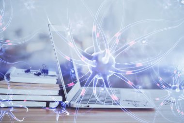 Masaüstü bilgisayar arkaplanı ve nöron çizimi. Çifte maruziyet. Eğitim kavramı.