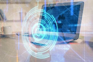 Bilgisayar ve teknoloji temalı çizimlere çifte maruz kalma. Yenilik kavramı.