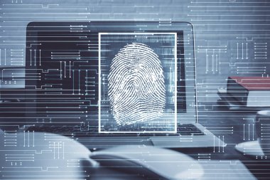 Ofisteki bilgisayarın parmak izi çizimi. Çifte maruziyet. İş veri güvenliği kavramı.