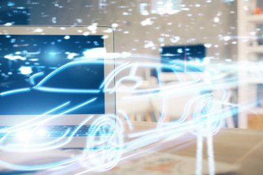 Otomobil hologramı çizimi olan masaüstü bilgisayar arkaplanı. Çoklu maruz kalma. Teknoloji kavramı.