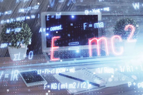 Desktop computer background and formula hologram writing. Double exposure. Education concept. — Stock Photo, Image