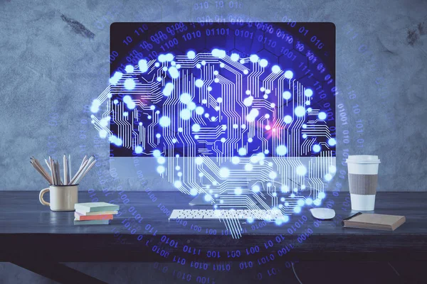 Bilgisayar ve beyin hologramıyla iki kat maruz kalmışlar. Veri yeniliği kavramı. — Stok fotoğraf