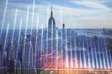 Gökdelenler arka planda çift pozlama ile şehir görünümünde eski grafik. Mali analiz kavramı.