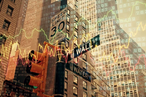 Devisendiagramm auf Stadtbild mit hohen Gebäuden Hintergrund Multi-Exposure. Finanzielles Forschungskonzept. — Stockfoto