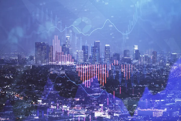 Financial graph on night city scape with tall buildings background double exposure. Analysis concept. — Stock Photo, Image