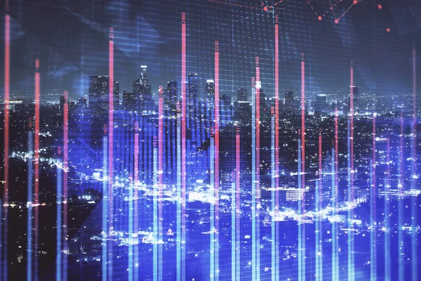 Gráfico financiero sobre paisaje nocturno de la ciudad con edificios altos de fondo multi exposición. Concepto de análisis . — Foto de Stock