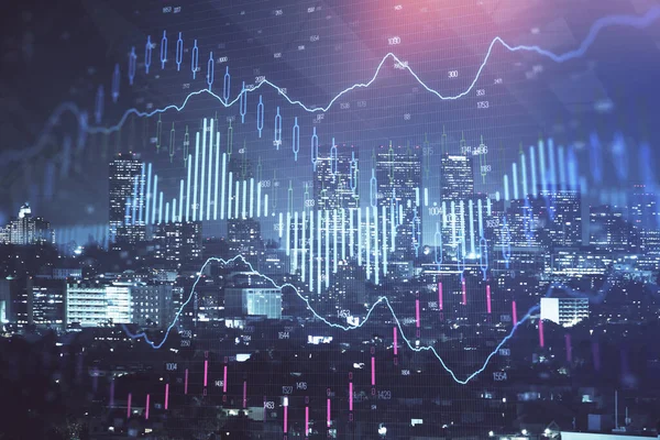 Finanční graf pro noční krajinu s vysokými budovami v pozadí. Koncepce analýzy. — Stock fotografie