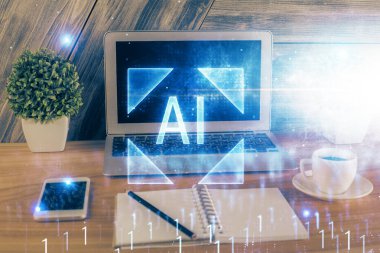 Bilgisayar ve teknoloji temalı çizimlere çifte maruz kalma. Yenilik kavramı.